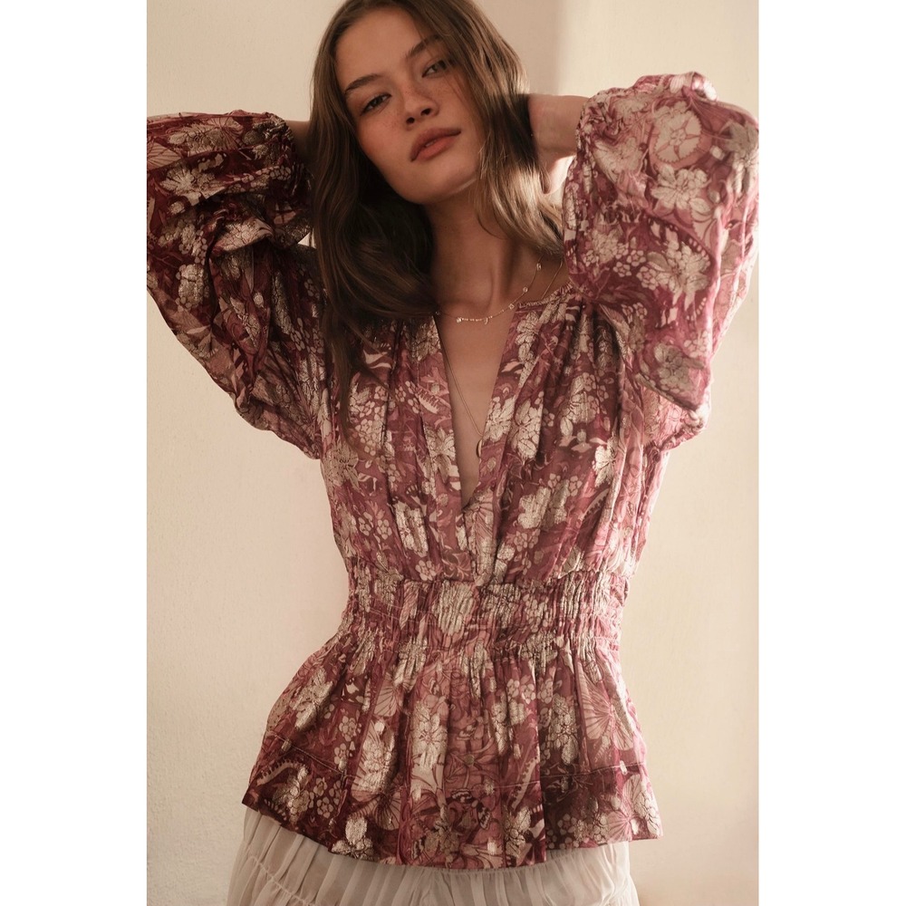 Anthropologie Somerset Floral Metallic Smocked Peplum Chiffon Blouse Size M NEW